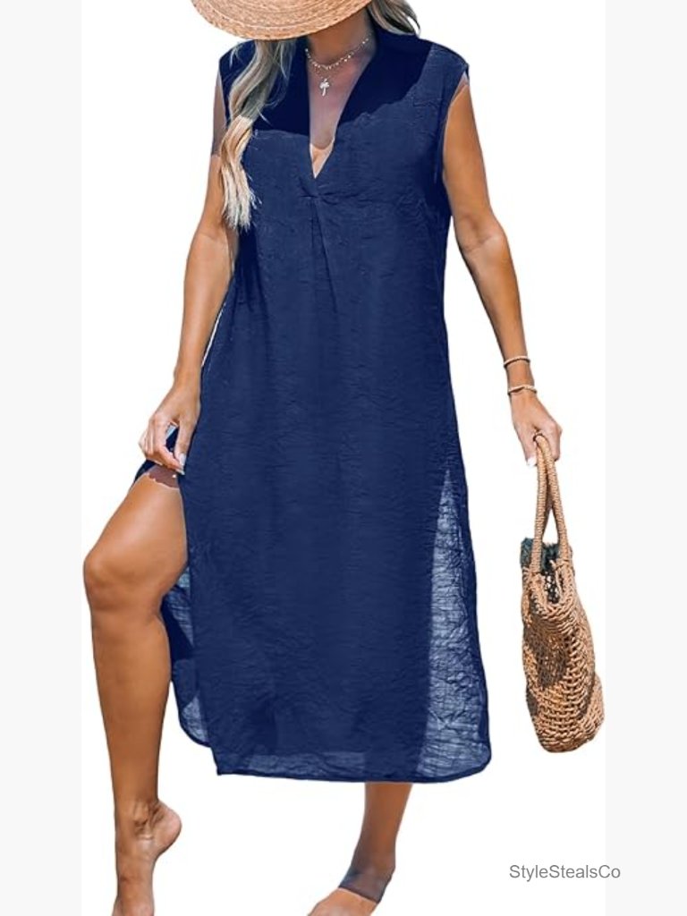 Sleeveless V-Neck Side Split Midi Beach Cover Up Dress